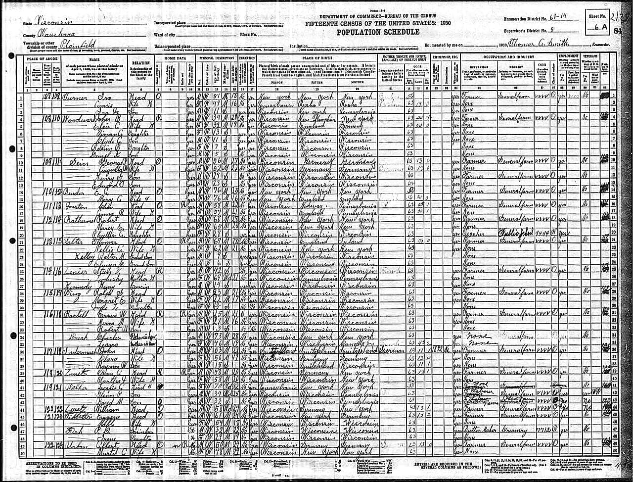 Página do censo de 1930 com a família Gein
